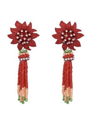 Large Red Green Crystal Long Beaded Boho Flower Earrings